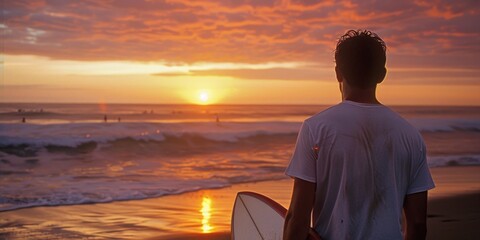 A male surfer preparing to ride a wave at sunset on the beach.