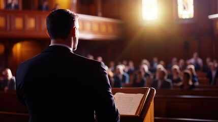 A pastor delivering a sermon from the pulpit, with a congregation attentively listening in the background.