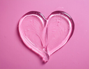 Liquid gel cosmetic smear in the shape of a heart on a pink background. A smear of intimate lubricant.