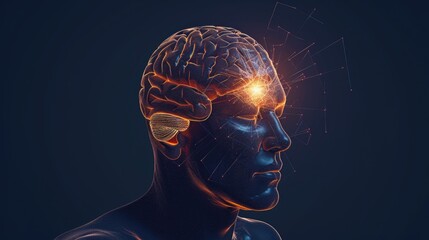 Obraz premium Human Head with Glowing Brain in X-Ray Demonstrating Neural Activity and Anatomy Medical Illustration 