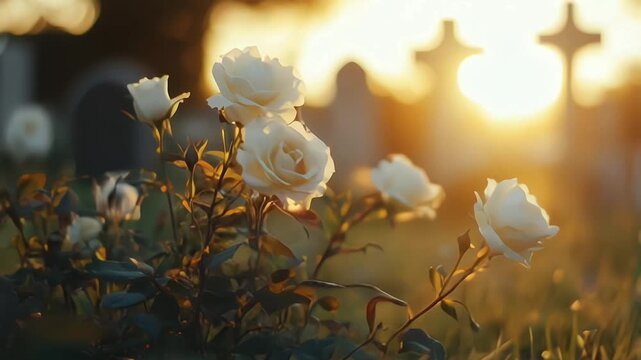 the solemn beauty of a Catholic cemetery with a grave marker and cross engraved on it, set against a softly blurred background to create a sense of peaceful serenity. Funeral concept