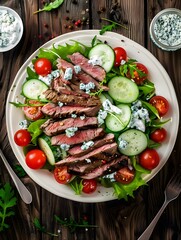 Delicious Plate of Salad with Grilled Chicken, Tomatoes and Hard Boiled Eggs on a Wooden Table Shot from Above. Diet Healthy Food