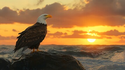 Fototapeta premium A bald eagle standing on a rocky shore, with a sunset over the ocean. List of Art Media Minimalist realistic