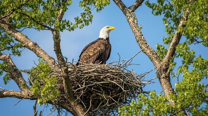 Bald Eagle Perched in a Nest High in a Tree
