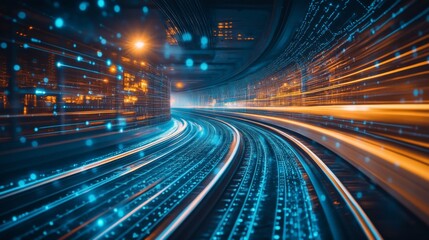 Fototapeta premium High-Speed Data Streams Illustration with Futuristic Cityscape and Motion Blur.