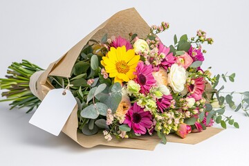 Vibrant bouquet of assorted flowers, featuring yellow, pink, and white blooms wrapped in brown paper.