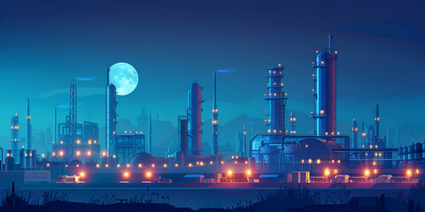 Fototapeta premium Industrial Refinery at Night with Moonlight Representing Energy Production and Oil Refining Processes