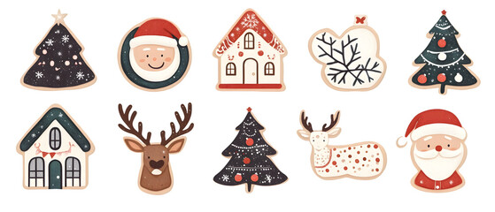  christmas event banner logo 2025 Winter set of sugar cookie Christmas and cute design gingerbread cookies, featuring biscuit shaped gingerbread house, Santa face, deer head, snowflake,