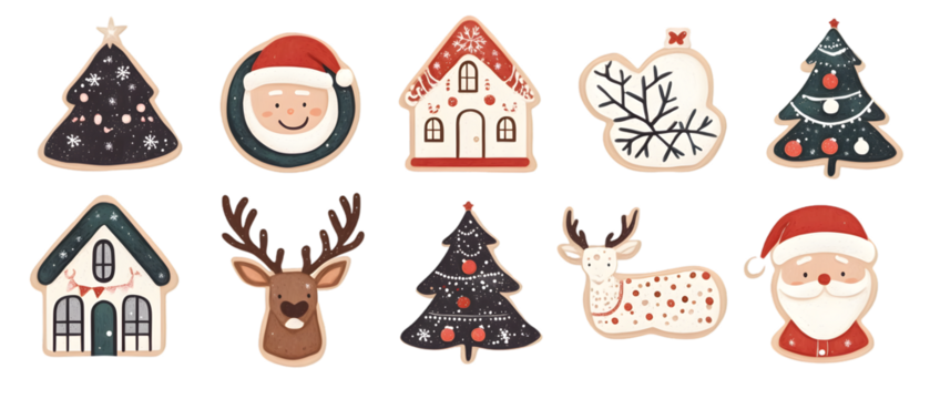 Winter set of sugar cookie Christmas and cute design gingerbread cookies, featuring biscuit shaped gingerbread house, Santa face, deer head, snowflake, and Christmas tree, isolated on white background