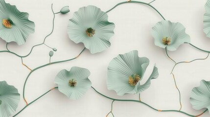 Lush Vine and Delicate Flower Floral Pattern Vector Design in Green and Gold on White Background