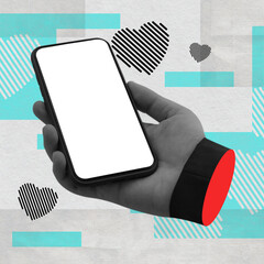 Background image, collage art, hand holding a cell phone, white background, light style image, illustration for advertising business