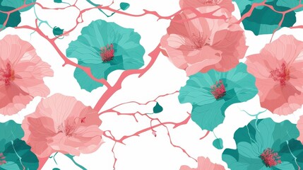 Elegant Floral Fusion: Intricate 2D Vines and 3D Blossoms in Pink and Teal Vector Design