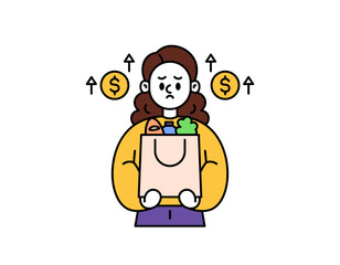 illustration of a woman who is sad because the price of necessities has increased. thinking because the price of food is getting more expensive. facial expression. outline style character design