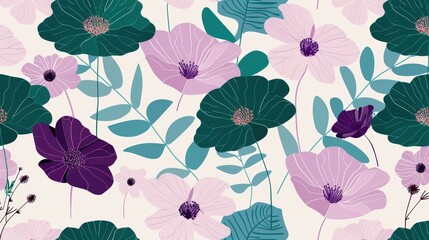 Abstract Geometric Floral Pattern with 2D Flowers and 3D Leaves in Purple and Teal Colors on White Background, Vector Graphic Design