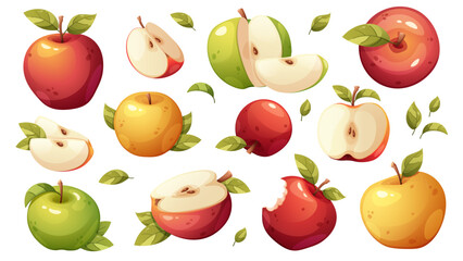 Set of apples in yellow, green and red colors. Whole apple, half apple, cut apple. Vector elements on white background