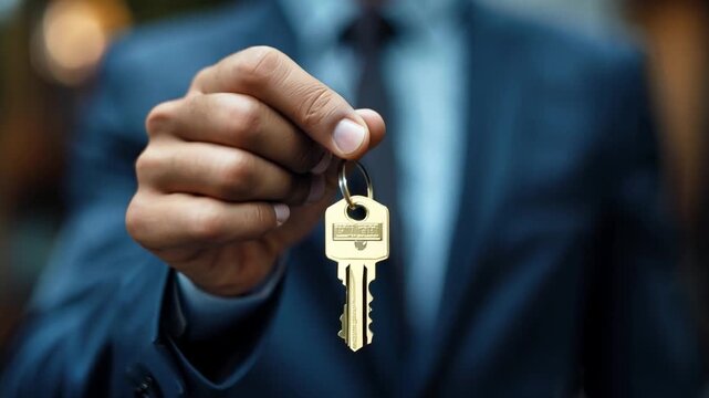 A well-dressed individual presents a gold key, symbolizing opportunity and access, in an outdoor urban setting.
