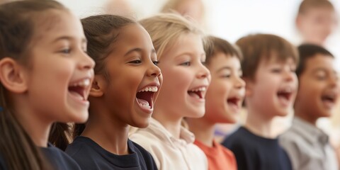 A group of children are smiling and laughing together. Scene is happy and joyful