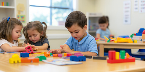A group of children are playing with blocks and other toys in a classroom. Scene is playful and fun, as the children are engaged in a group activity