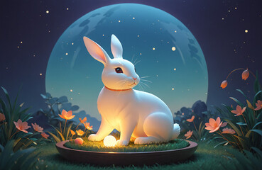 3d render of bunny under moon at night mid-autumn festival