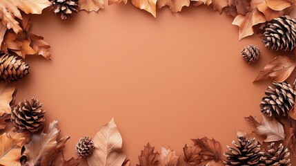 Autumn leaves and pine cones forming a frame on brown background