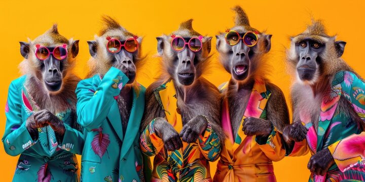 A whimsical image featuring a group of monkeys stylishly dressed and performing as a band.