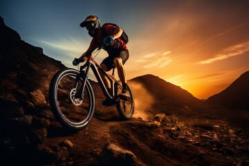 Mountain Bike cyclist riding single track at sunrise healthy lifestyle active athlete doing sport