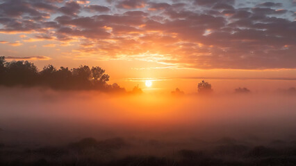 Fototapeta premium Sunrise over a foggy field 