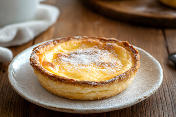 Rustic Portuguese Queijada with espresso on wooden table. Perfect blend of flavor and tradition.