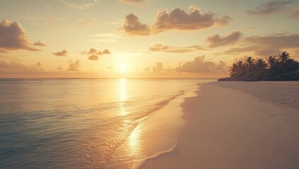 Sunset Over Tropical Beach, Soft Sand, Palm Trees, and Distant Island on the Horizon