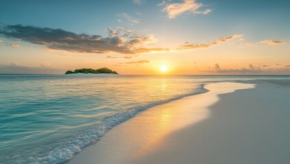 Sunset Over Tropical Beach, Soft Sand, Palm Trees, and Distant Island on the Horizon