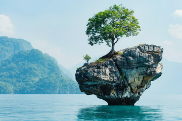 A lone tree on top of a rock in the middle of the ocean