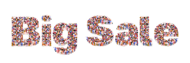 Large group of people forming word Big Sale. E-commerce and online shopping. Special offer or big seasonal sale, discounts. People standing together.  Flat vector illustration. Not AI generated