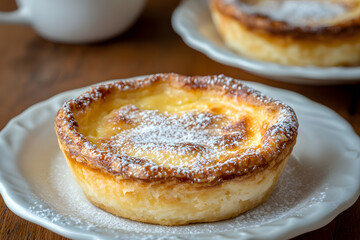 Golden-brown Portuguese Queijada on rustic wooden table with espresso. Authentic and delicious.