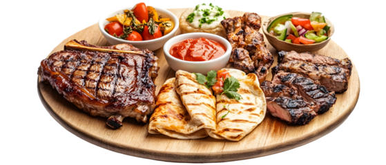Set of assorted food including a t-bone steak on a wooden plate, fried chicken, beef burritos, BBQ pork ribs, beef and vegetable kebab, and grilled chicken wings