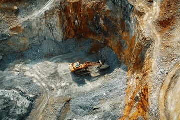 Fototapeta premium Miner extracting minerals from rock seen from above with rich earth textures and dynamic lighting
