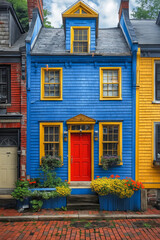 A row of colorful houses with a red door and windows