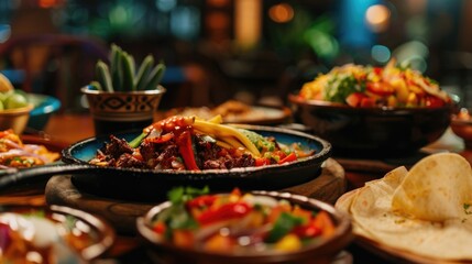 Colorful Mexican cuisine in a buffet style setting, featuring tortilla chips with various toppings...