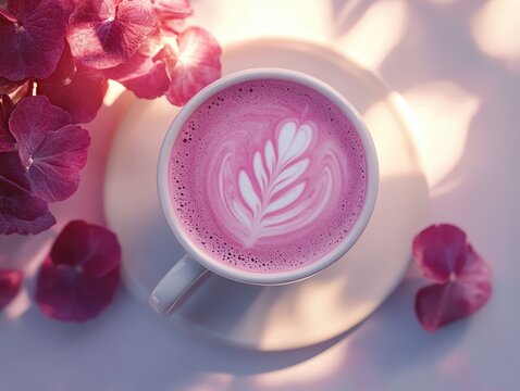 A decorative pink latte with a leaf design, served on a small plate amidst vibrant flowers.