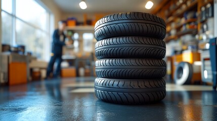 Stack of winter tires sitting in auto shop awaiting installation