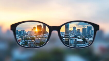 Glasses with City Skyline Reflected in Lenses, Blurred Background Emphasizing Eyewear