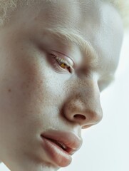 Close-up of a model's face with freckles, high cheekbones and expressive eyes.