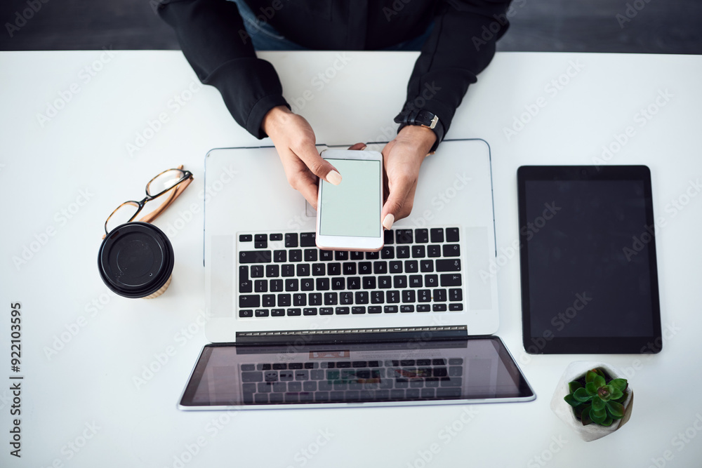 Aufkleber above, business and person with laptop, smartphone and typing with mockup space, keyboard and networ