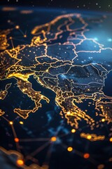 Glowing lines representing internet traffic, overlaid on a map of Europe with a focus on the European Union. Technology concept image.