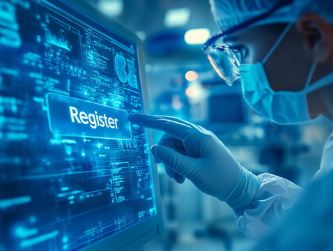 Health professional using a touchscreen to register patient data in a high-tech medical facility