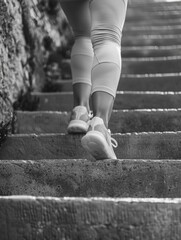 A woman jogging up a set of indoor gym stairs.