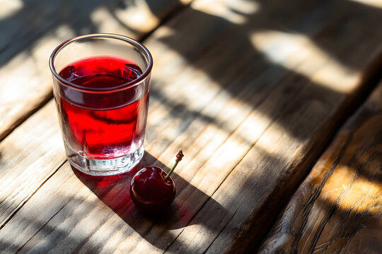 Ruby-red Ginginha liqueur in a small glass with a cherry, reflecting warm light on a rustic table in a Portuguese tavern