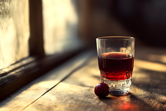 Small glass of Ginginha with a whole cherry, glowing ruby-red on a rustic wooden table in an old-world tavern setting