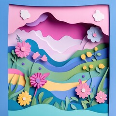 Papercut Whimsical Scenes with Mythical Creatures, Magical Landscapes, and Fairy-Tale Elements: Abstract Simple Minimal Joyful and Colorful 2D Layered Layout