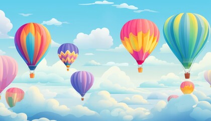 Rainbowcolored hot air balloons flat design, top view, festival scene, cartoon drawing, Triadic Color Scheme