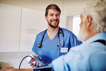Blood pressure, machine and person with nurse for checkup, wellness and assessment of heart rate in...